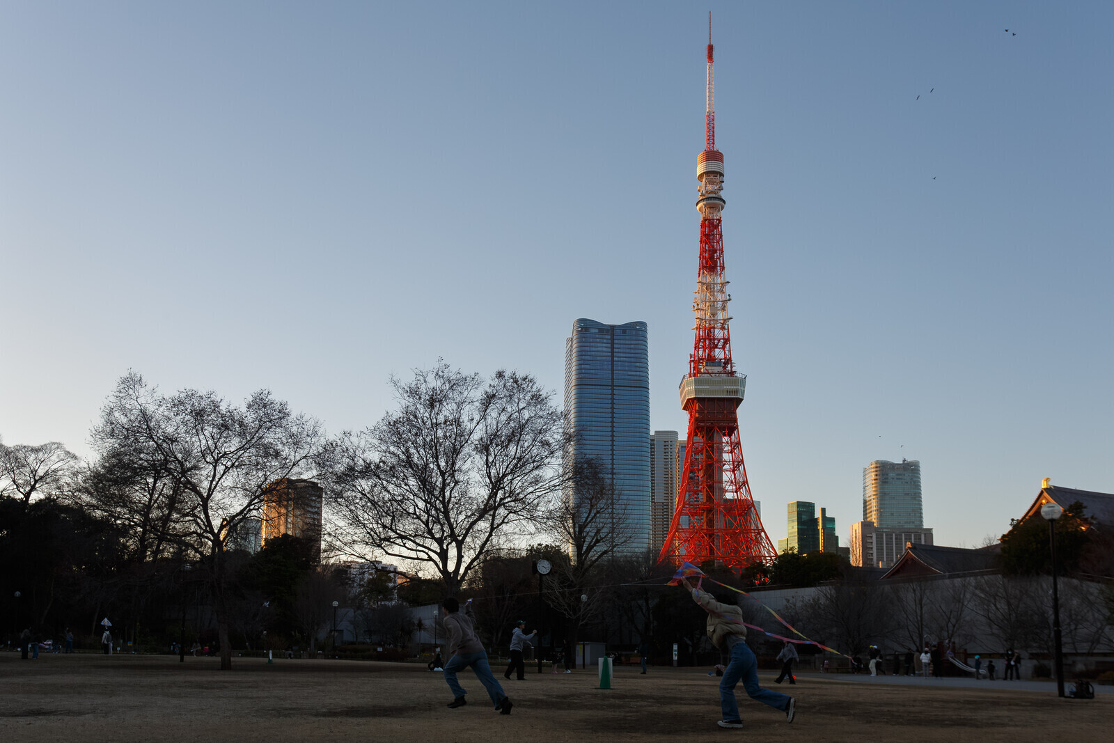 People flying kites (a New Year tradition) in front of Tokyo Tower at dusk. Shiba Park, Tokyo, Japan. Sunday, January 4th, 2026